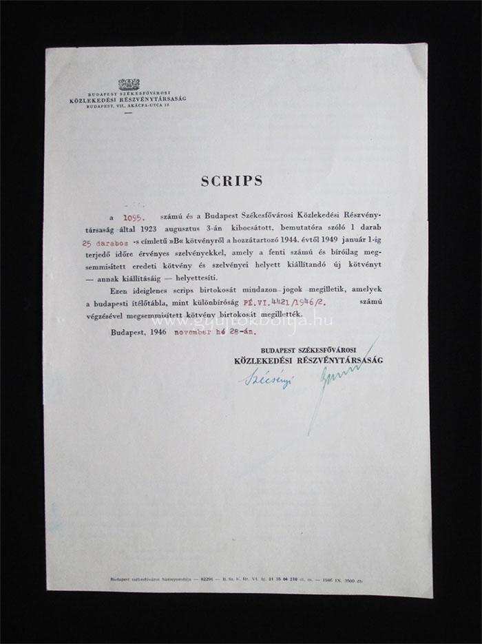 Budapest Székesfõvárosi Közlekedési Rt. (BSZKRT-BKV) scrips 1946
